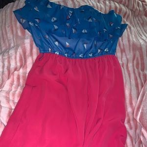 Strapless pink and blues dress with sail boats